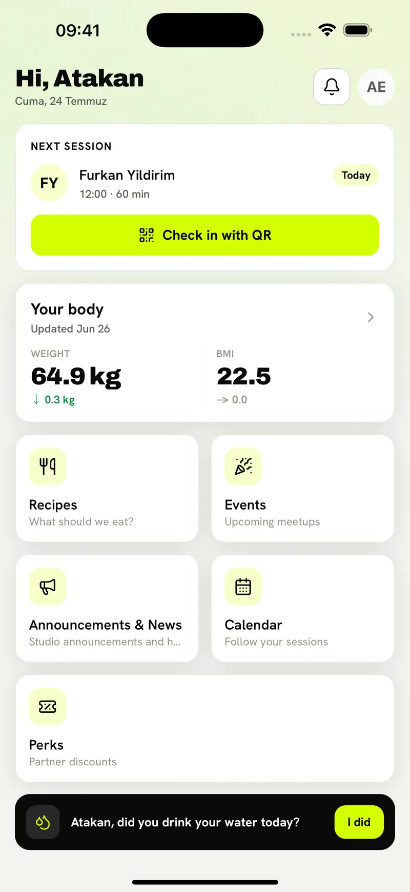 The GymStack member app home screen: next session, QR check-in and body measurements
