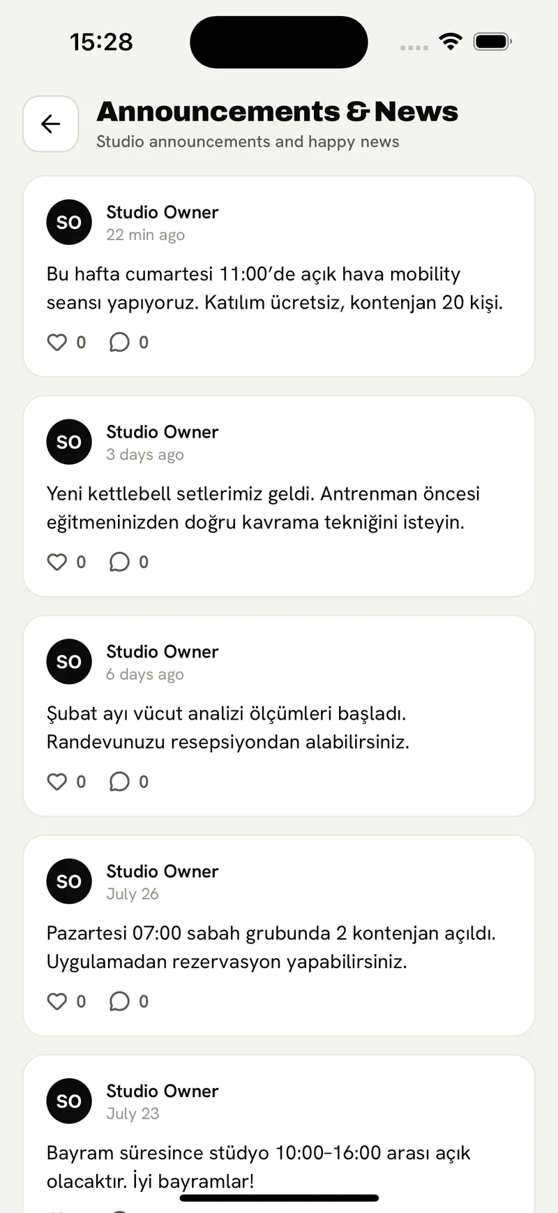 The studio announcements feed in the member app
