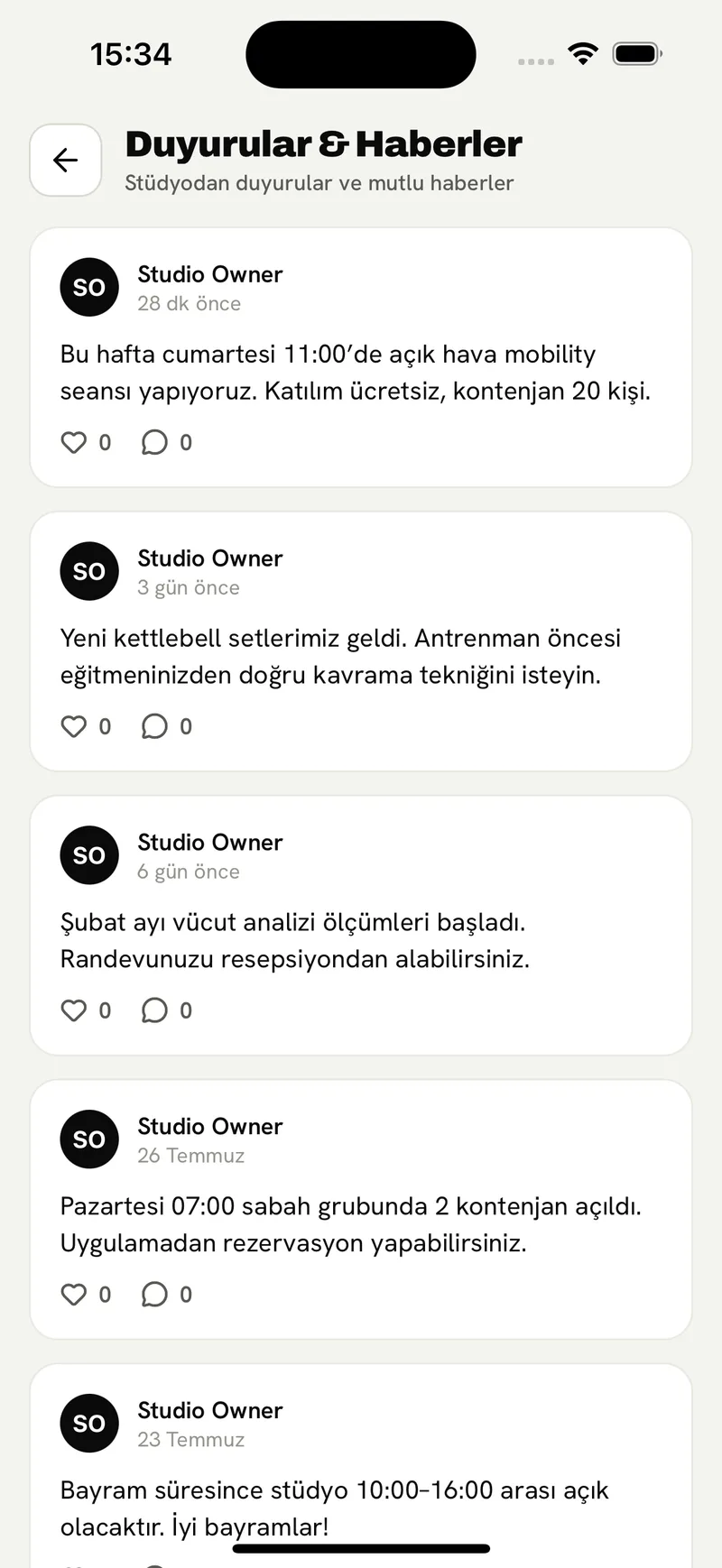 Üye uygulamasında stüdyo duyuruları akışı