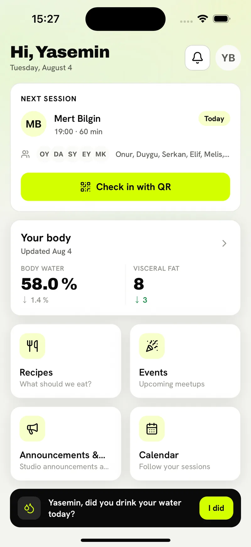 The member app home screen: next session, QR check-in and body measurements